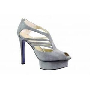MARY CHING $399 Jennifer Platform Shoe Stiletto Heels Gray Suede Size 37 7 Peep